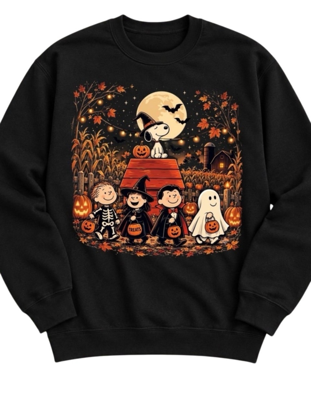 Black Sweatshirt with Peanuts Halloween Scene in Orange and Cream